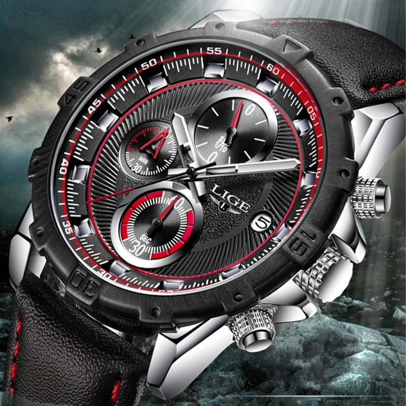 Lige мужские часы хронограф с секундомером водонепроницаемые наручные лучший