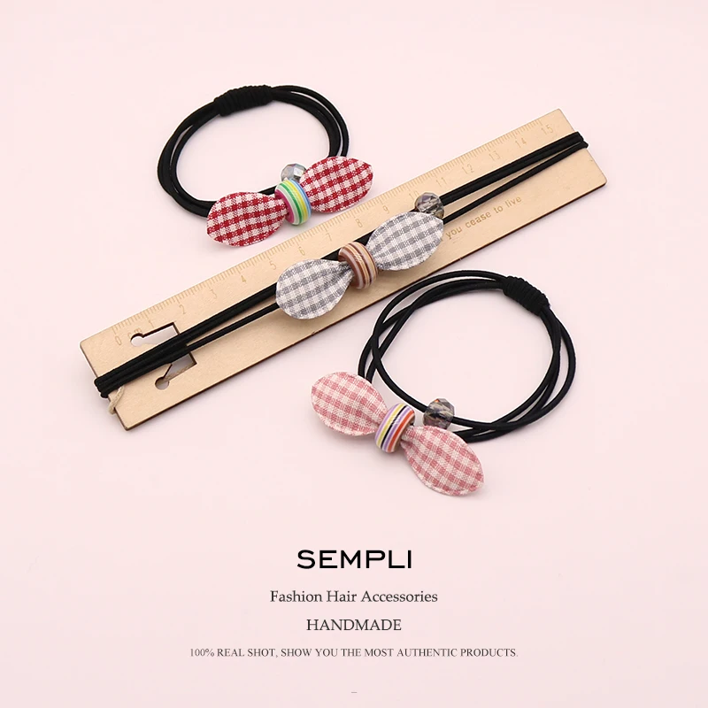Sempli Cotton Plaid Elastic Bow-Knot For Women Crystal Beads Hair Band Kid Children Rubber Band Hair Accesorios para el cabello images - 6