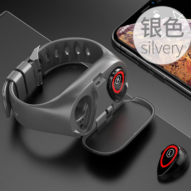 Новейший AI Смарт-часы с Bluetooth наушником монитор сердечного ритма Смарт-браслет длительное время ожидания спортивные часы для мужчин - Цвет: Серебристый