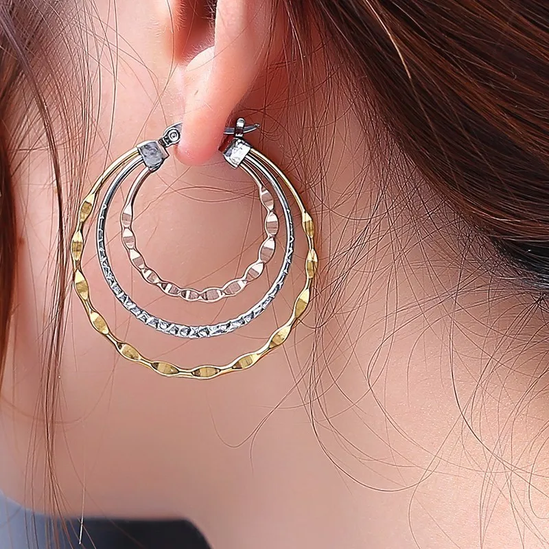 

RIR Women Titanium Steel Big Circle Hoop Earrings with Four Rounded Silk Threads Simple Textured Polished Big Round Earrings