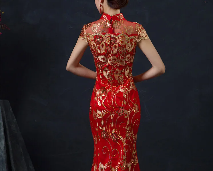 Винтаж красный китайский свадебное платье женский длинный короткий рукав Cheongsam