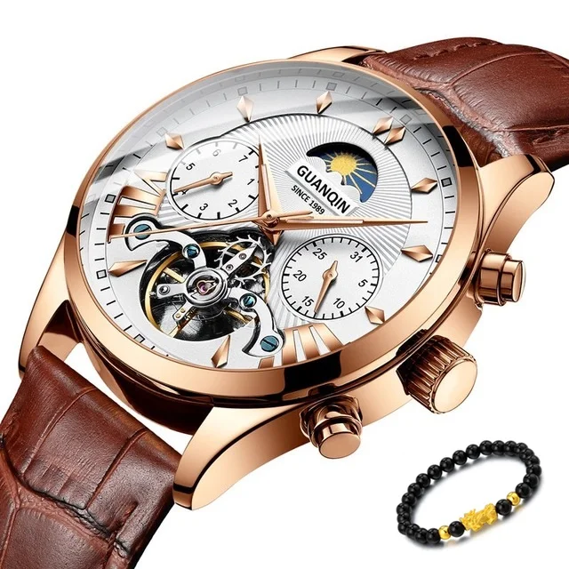 Gold White Brown-P Роскошные Брендовые Часы GUANQIN, мужские часы, для плавания, автоматические механические часы, мужские золотые часы, reloj hombre, acero inoxidable, непроницаемые - Цвет: Gold White Brown-P