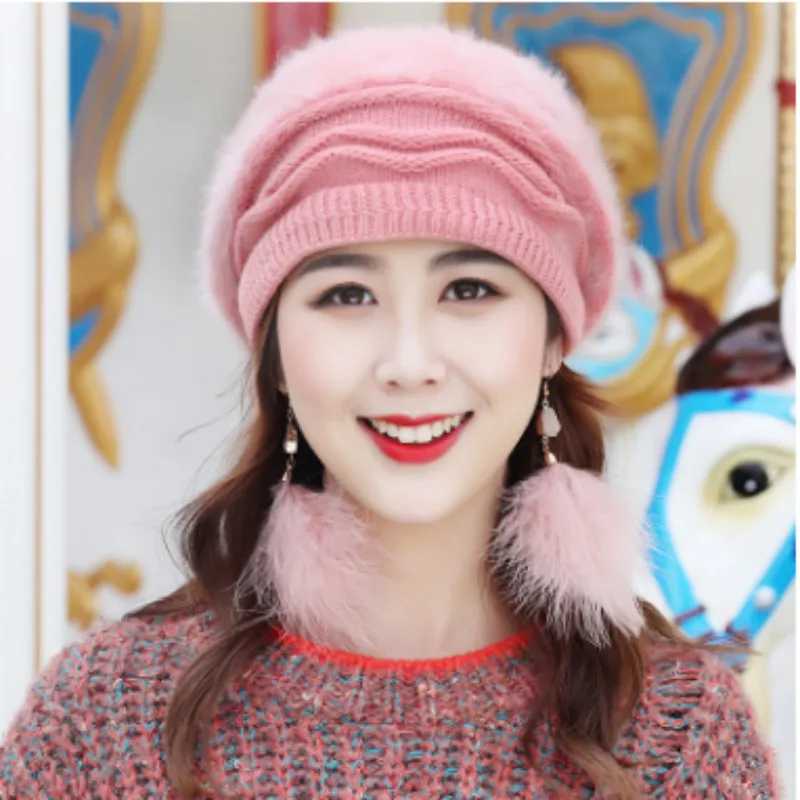 Двухслойная шерстяная теплая шапка Skullies & Beanies мягкая женская вязаная с кроличьим