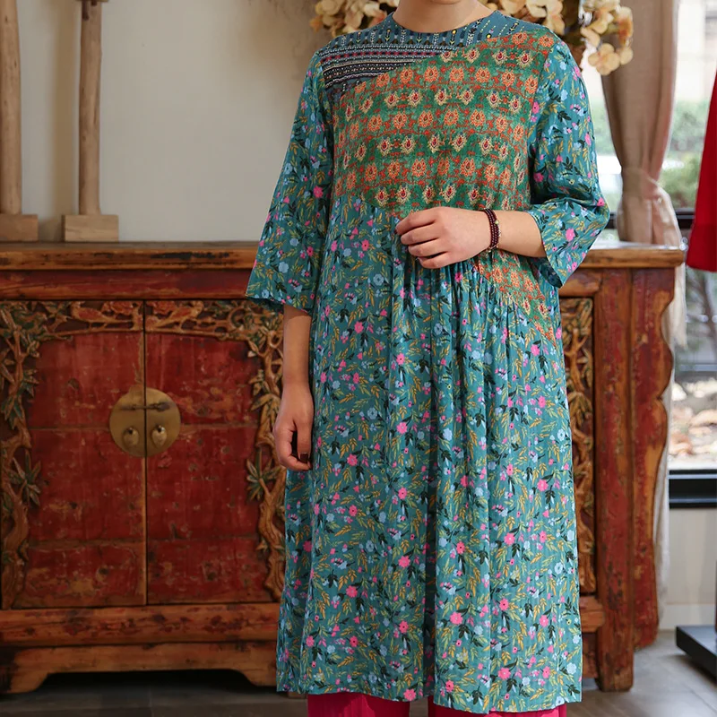 Jiqiuguer Pastoral Floral Dress Loose Ethnic Print Patchwork Long Pullover Comfortable Fabric Dresses G191Y030 | Женская одежда