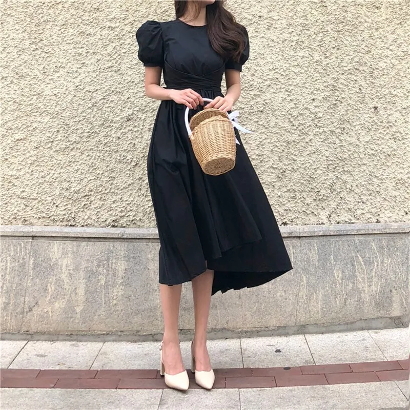 Модное женское Повседневное платье с пышными рукавами, с бантом, с высокой талией, миди платье, одноцветное, с неровным низом, элегантное платье - Цвет: Черный