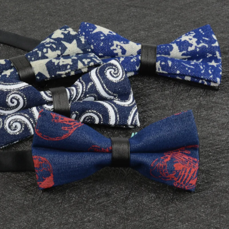 

Cotton Mens Bow Ties Retro Style Denim Skull Print Bowtie Casual Business Party Womens Butterfly Tie Star Navy Blue Cravat Ties
