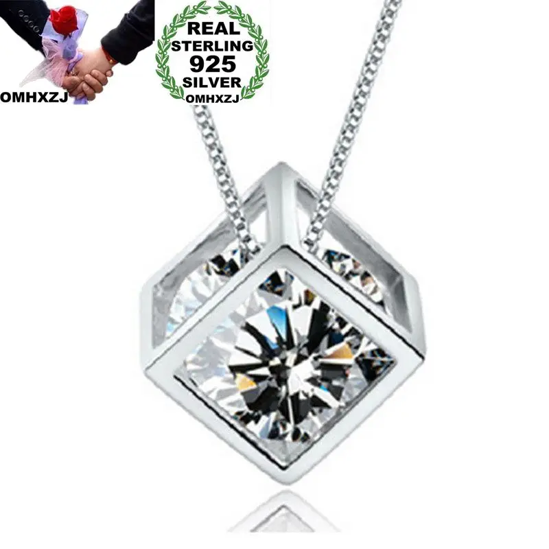 

OMHXZJ Wholesale European Fashion Woman Girl Party Gift Cube Amethyst AAA Zircon 925 Sterling Silver Necklace Pendant Charm CA65