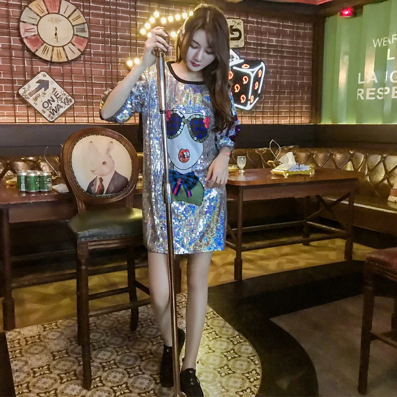 

Tide brand women's patch print sequins T-shirt female 2019 summer new long paragraph loose wild short-sleeved shirt