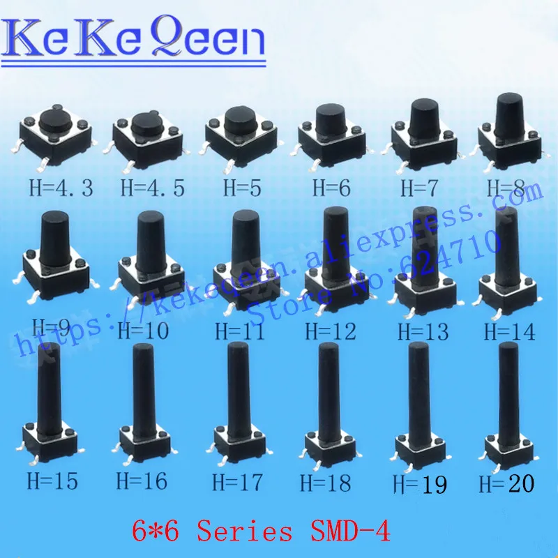 

1000pcs/lot Memontary Tactile Push Button Switch 6X6X4.3/4.5/5/6/7/8/9/10/13mm SMD PCB mounting copper 4pin