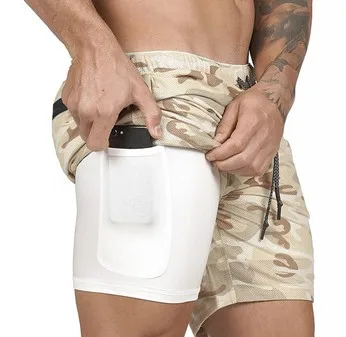 beige Camouflage Мужские безопасные шорты с карманами, 2-слойные спортивные шорты для фитнеса с эластичной талией, быстросохнущие дышащие шорты 2 в 1 для бега - Цвет: beige Camouflage