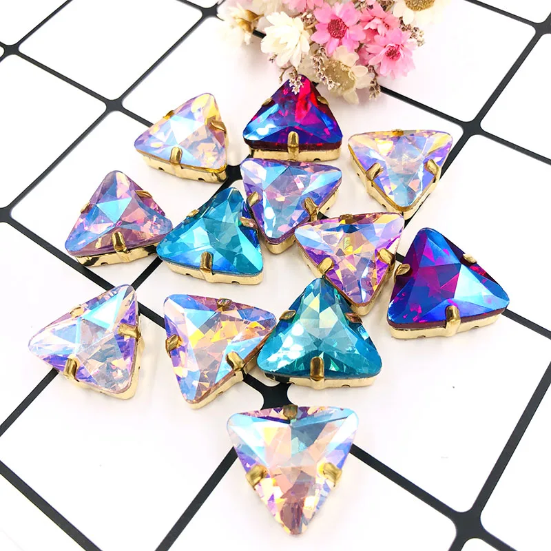 18mm 10pcs triangle shape crystal Glass flatback sew on rhinestones with claw gold base loose rhinestone for DIY Accessories | Дом и сад