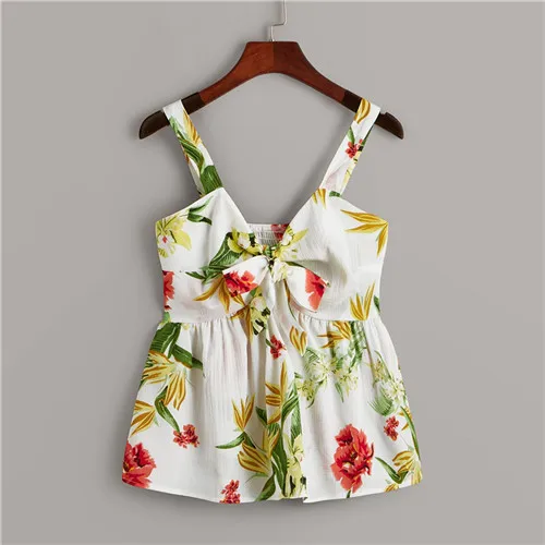 Бежевый Dotfashion Beige Floral Print Tie Front Shirred Back Cami Tops For Women Summer Casual Clothing Vest Ladies Cute Camisole - Цвет: Бежевый