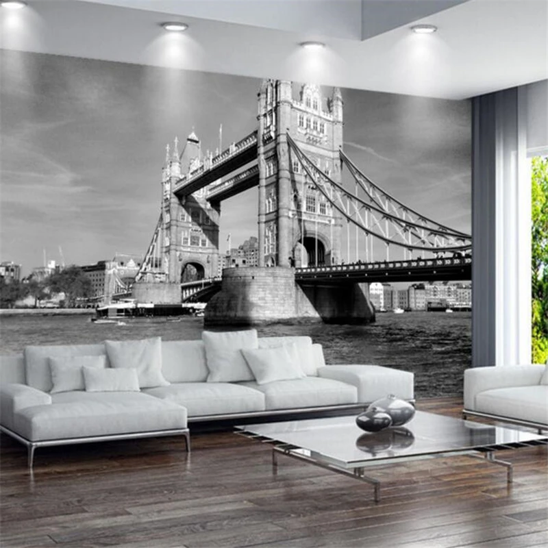 Обои на заказ 3d башня мост Ретро черный и белый Европейский архитектурный пейзаж