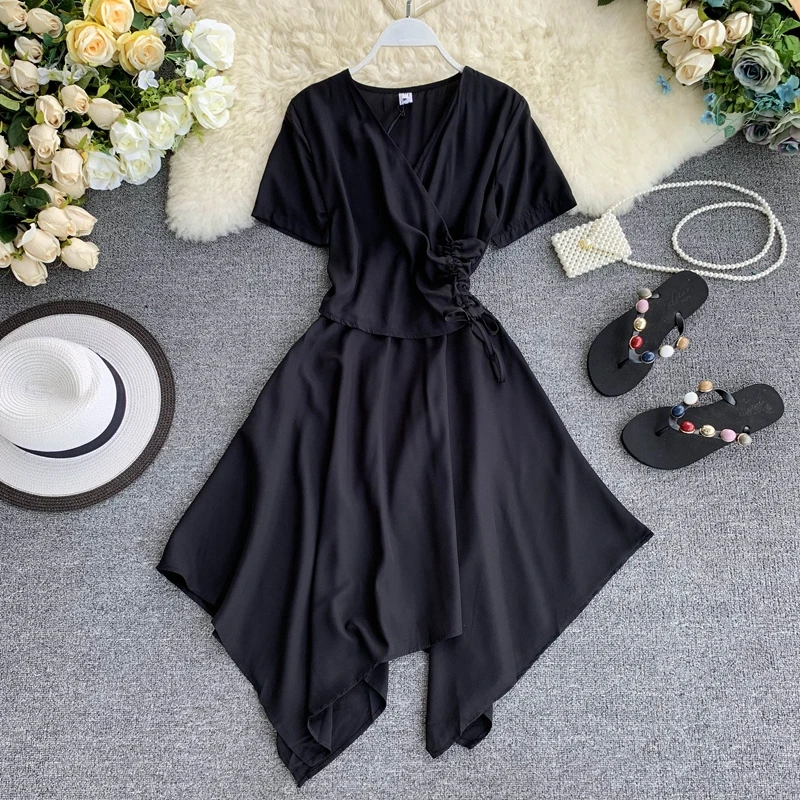 2019 новые модные женские платья сплошного цвета с v образным вырезом и коротким