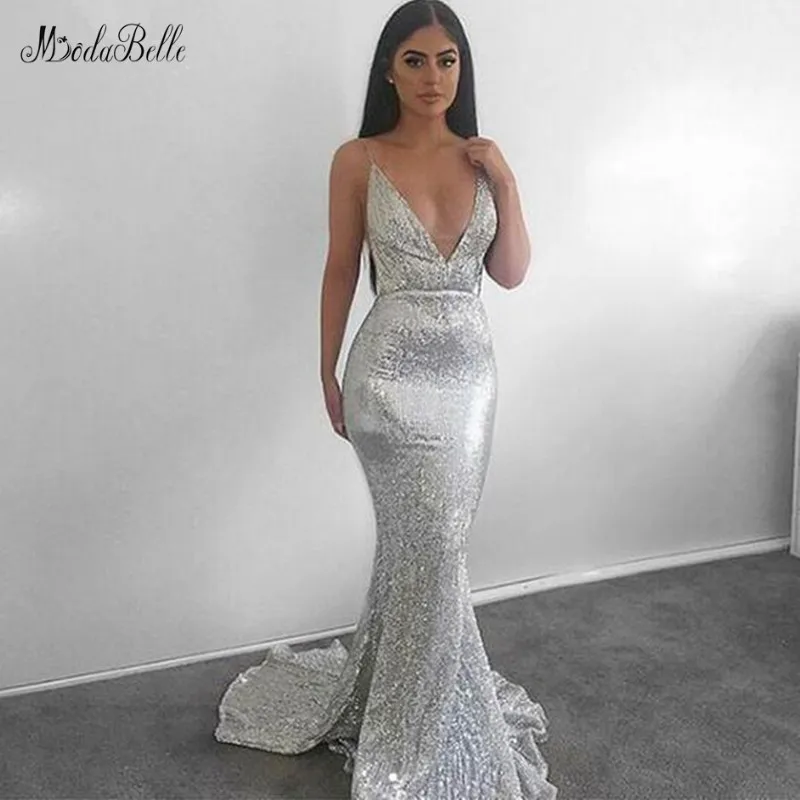 modabelle Silver Sequin Evening Dress Robe Longue Spaghetti Straps Sexy V-neck Mermaid Party Long Gowns For Women | Свадьбы и