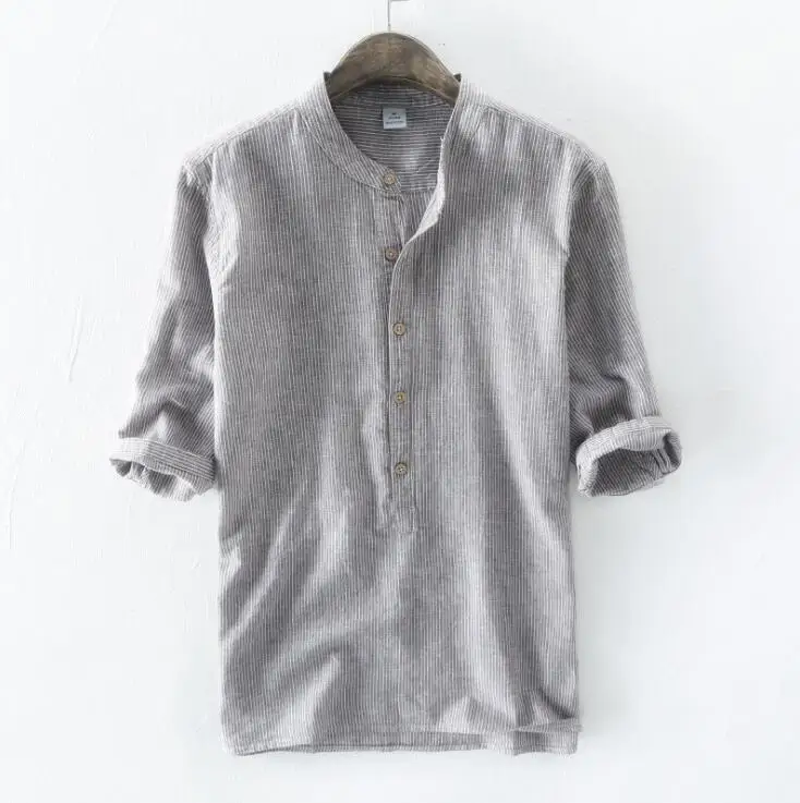 

2022 Summer New Men's Cropped Sleeves Stripes Cotton Linen Shirt Men Fashion Casual Top male comfort Breathable Pullover Shirt