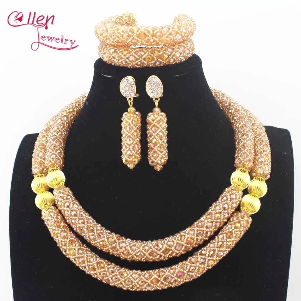 Crystal flower Nigerian Wedding African Beads Jewelry Set Handmade Indian Dubai Bridal Necklace Sets Bracelet Earrings N0028 | Украшения и
