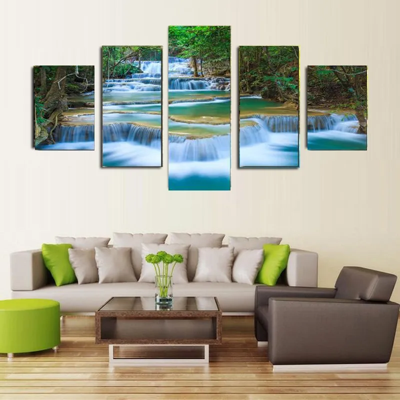 

5 панелей холст картины зеленый водопад Пейзаж Холст принты Современный домашний декор настенные картины для гостиной без рамки