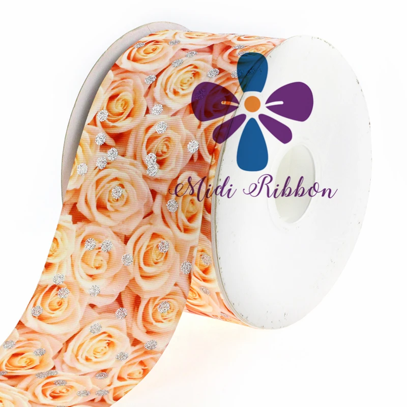 3 &quot75 мм ДОВОЛЬНО РОЗА ФЛОРА с принтом Grosgrain ленты Точки блеск серебра порошок DIY