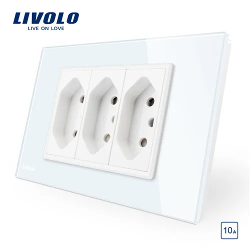 White Livolo бразильский/Итальянский стандарт 3 контакта 10А гнездо, белая/черная стеклянная панель без вилки, C9C3CBR1-11/12 - Тип: White