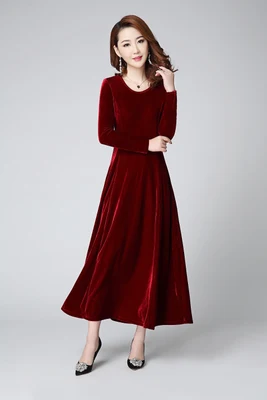wine red Осенне-зимние Бархатные платья, женское повседневное длинное платье из плюша с круглым вырезом и уличная одежда, винтажное теплое офисное платье с высокой талией - Цвет: wine red