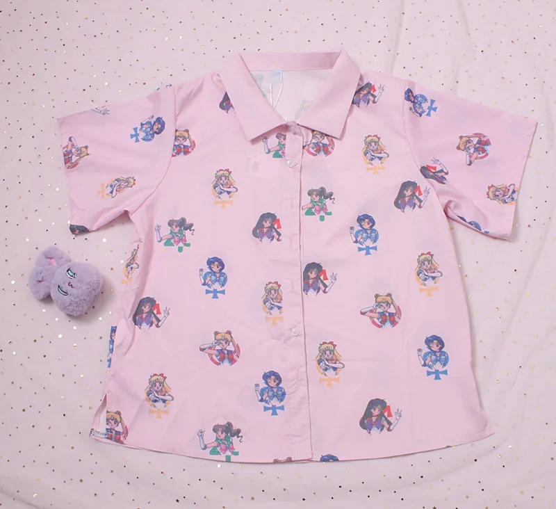 Daddy Chen Blusas Algodon, Ретро стиль, Mujer, розовая рубашка Сейлор Мун, милая мультяшная футболка, женская рубашка на пуговицах, свободная, короткий рукав, Kawaii
