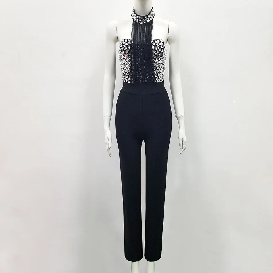 Crystal Halter Tassel Elegant Womens Rompers Jumpsuit Backless Diamonds One Piece Maxi Black Bodysuit Sexy Overalls | Женская одежда
