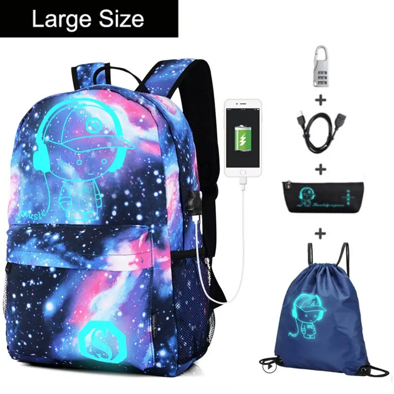 blue 1 large size Анти-Вор светящийся студенческий школьный рюкзак Водонепроницаемый Школьный рюкзак для мальчиков и девочек Многофункциональный usb зарядный порт сумка для книг - Цвет: blue 1 large size