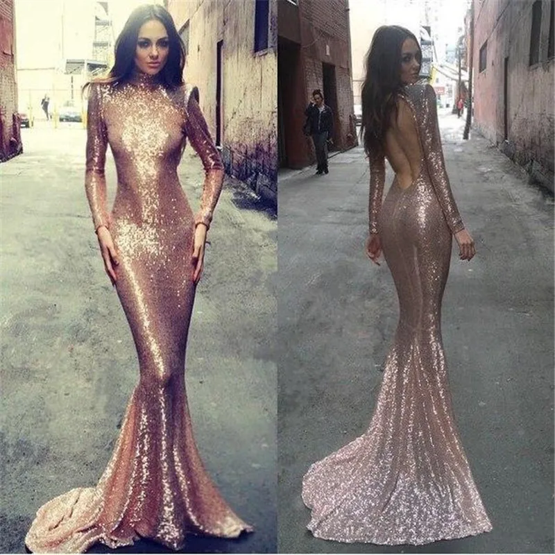 2017 Вечерние Платья Русалка Bling Sparkly Длинные Рукава Длина Пола Спинки Красном