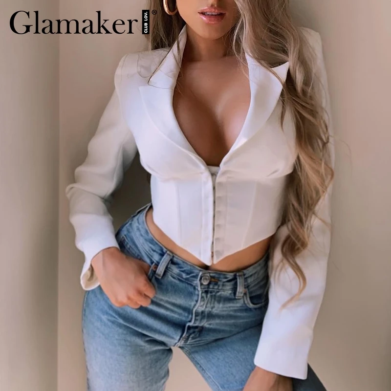 Glamaker, белые сексуальные короткие куртки с v-образным вырезом, женские летние элегантные куртки с длинным рукавом, блейзер, женские модные вечерние Клубные пиджаки и пальто