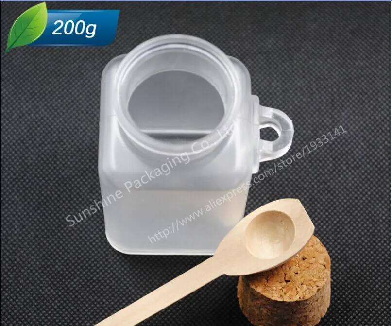 

12 X 200G ABS Square Bath Salt Bottle 200ml Powder Plastic Bottle with Cork Jar with Wood Spoon,Packaging Bottle