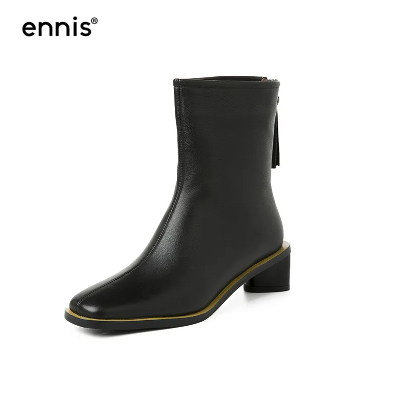 Black ENNIS/; осенне-зимние ботинки; ботинки из натуральной кожи на низком каблуке; модная женская обувь; цвет черный, белый; модные ботинки до середины икры; A991 - Цвет: Black