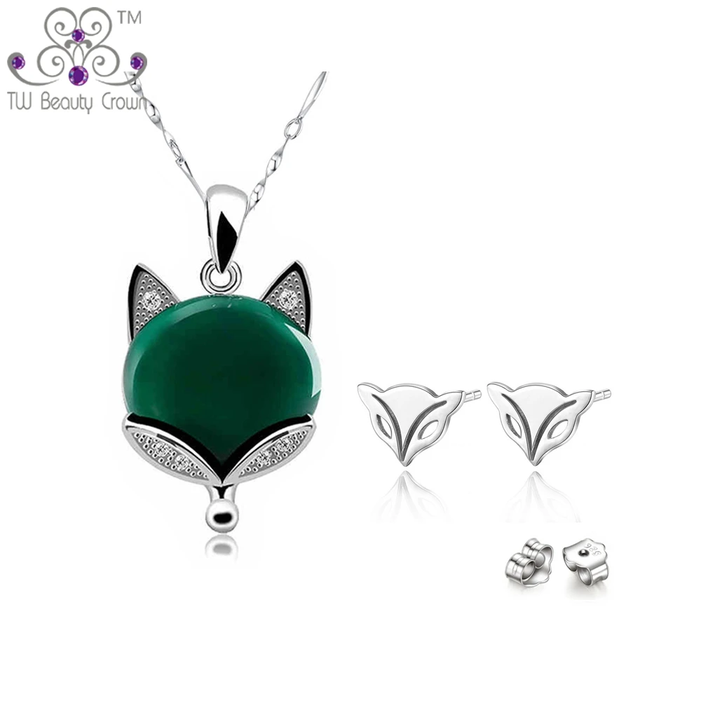 

100% Solid 925 Silver Natural Gem Stone Green Onyx Cute Fox Pendant Necklace Earrings Fashion Party Wedding Jewelry Sets Gifts