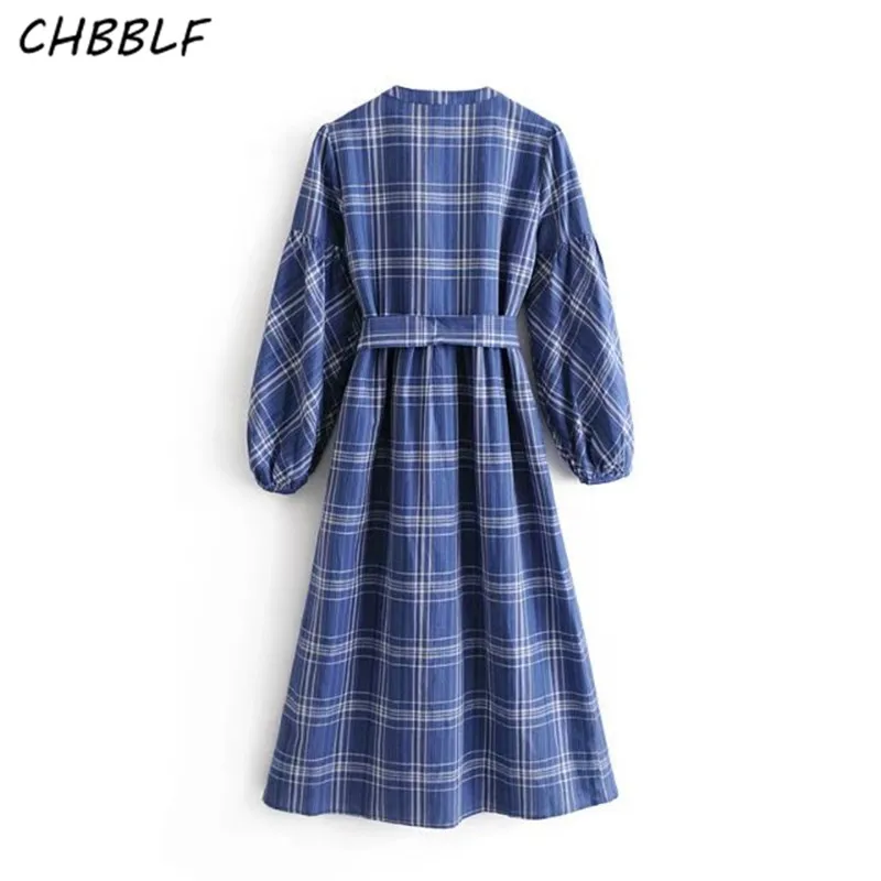 New spring dress long sleeve belt decorative blue plaid Vestido Retro HJH1387 | Женская одежда