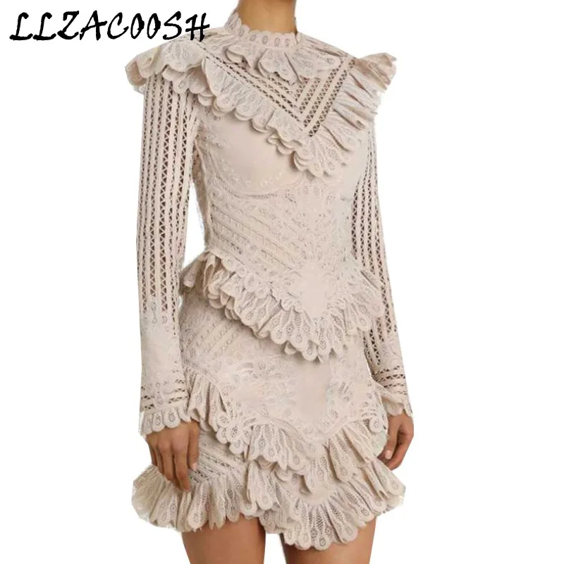 beige Дизайнерские Многослойные вечерние платья с оборками для подиума, женское розовое кружевное платье с цветочным рисунком, винтажное мини-платье со стоячим воротником - Цвет: beige