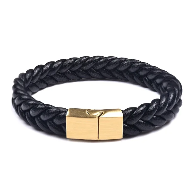 gold black MOGE трендовые плетеные кожаные браслеты мужские черные браслеты из нержавеющей стали с застежкой черные/коричневые браслеты с цепочкой панк-браслет - Окраска металла: gold black