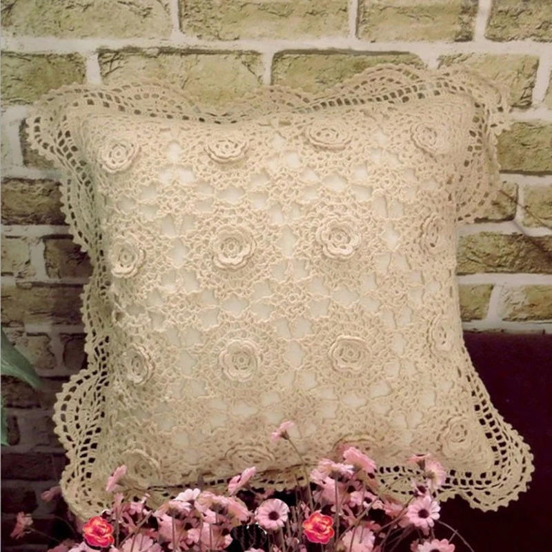 100% ручная работа бежевый крючок цветок Европейский стиль Подушка с внутренней