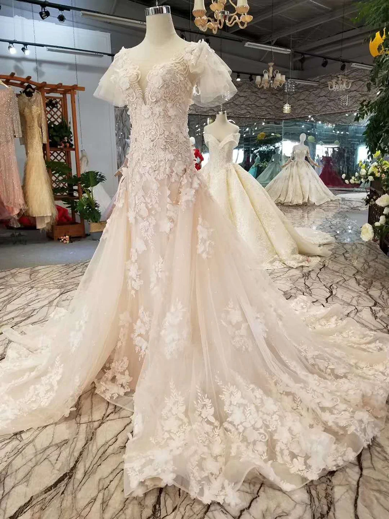 LSS164 A line wedding dress o neck short sleeve small sheath bride deep v-back detachable train nikah elbisesi | Свадьбы и торжества