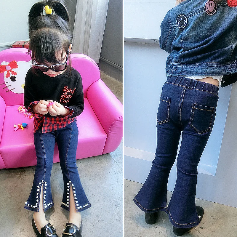 

Children's clothing girls jeans spring and autumn 2020 tide children's bell-bottoms rivet pants open fork in children's pants