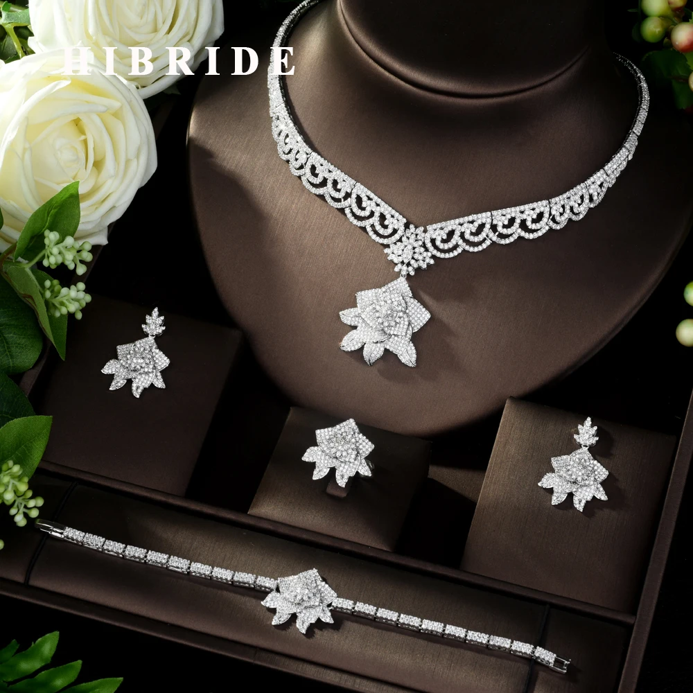 

HIBRIDE Luxury Flower Shape 4pcs Nigeria AAA Cubic Zircon Jewelry sets for Women Wedding Dubai White Color Bridal Jewelry N-971