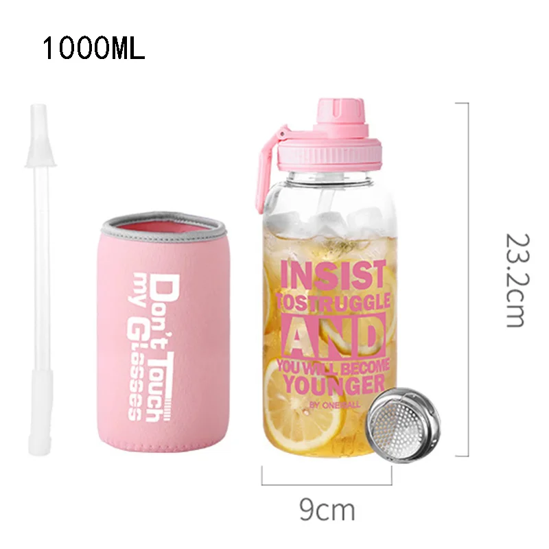 1000ml Pink 1000 мл 600 мл стеклянная бутылка для воды спортивная уличная большая емкость бутылка для воды соломинка 304 нержавеющая сталь Чайный фильтр бутылка рукав - Цвет: 1000ml Pink