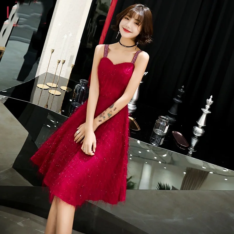 Summer Wedding Party Dress Midi Long Gown Fiesta Vestido Soiree Femme Spaghetti Strap Red Bridesmaid Dresses 2019 New TS1390 | Свадьбы и
