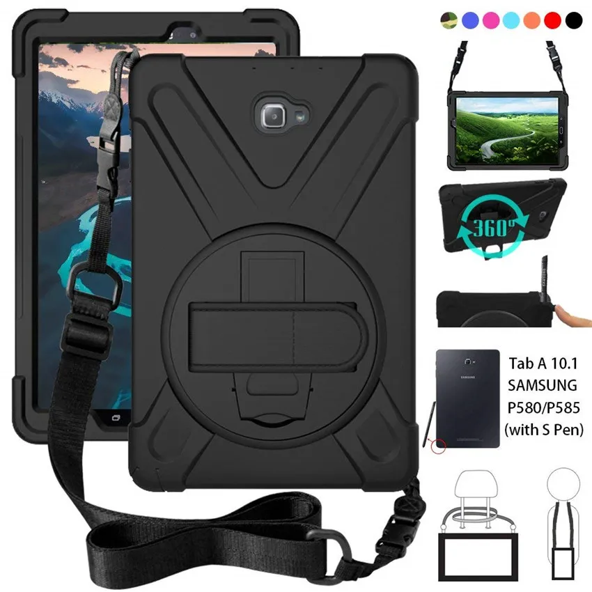 Для samsung Galaxy Tab A 6 A6 10,1 P580 P585 S-Pen vers прочный ПК+ Силиконовый жесткий чехол с поворотной подставкой 360, ремешком на руку и шейным ремешком