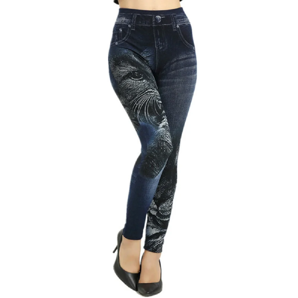 cat Fashion Slim Women Leggings Faux Denim Jeans Leggings Sexy Hole Heart Printing Casual Women Clothing Pencil Pants Plus size - Цвет: cat