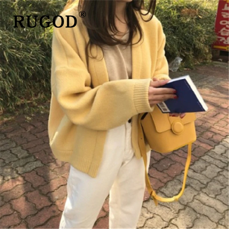 RUGOD Korean chic soft women Cardigan 2019 new Auturn warm knitted yellow overcoat female abrigos mujer invierno |