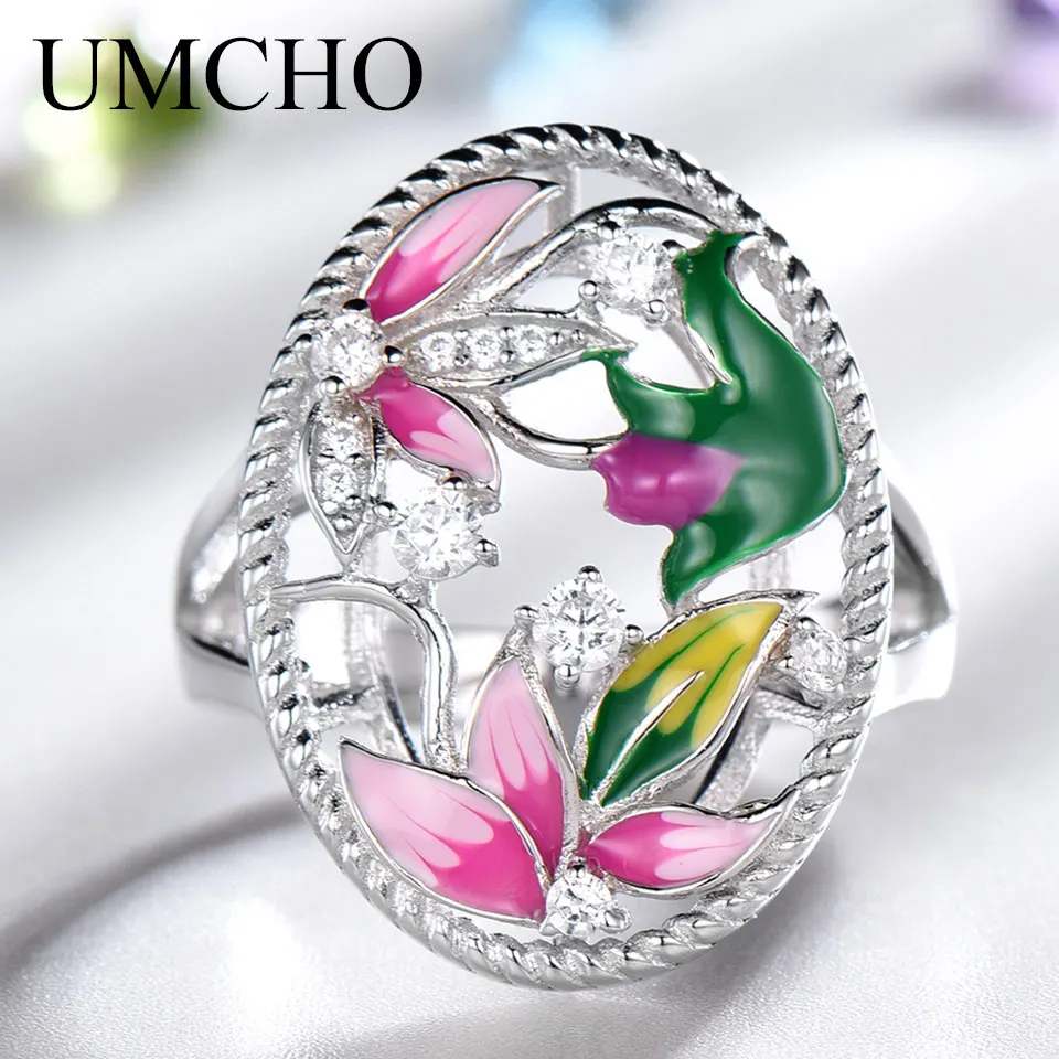 Multicolor UMCHO ручной работы Красочные эмаль кольца для женщин Твердые 925 пробы Серебряный цветок лотоса r вечерние модные подарок на день матери ювелирные изделия - Цвет камня: Multicolor