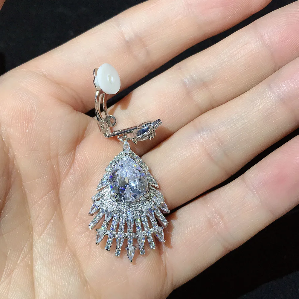 Новые большие серьги-клипсы в форме капли воды с кубическим цирконием без