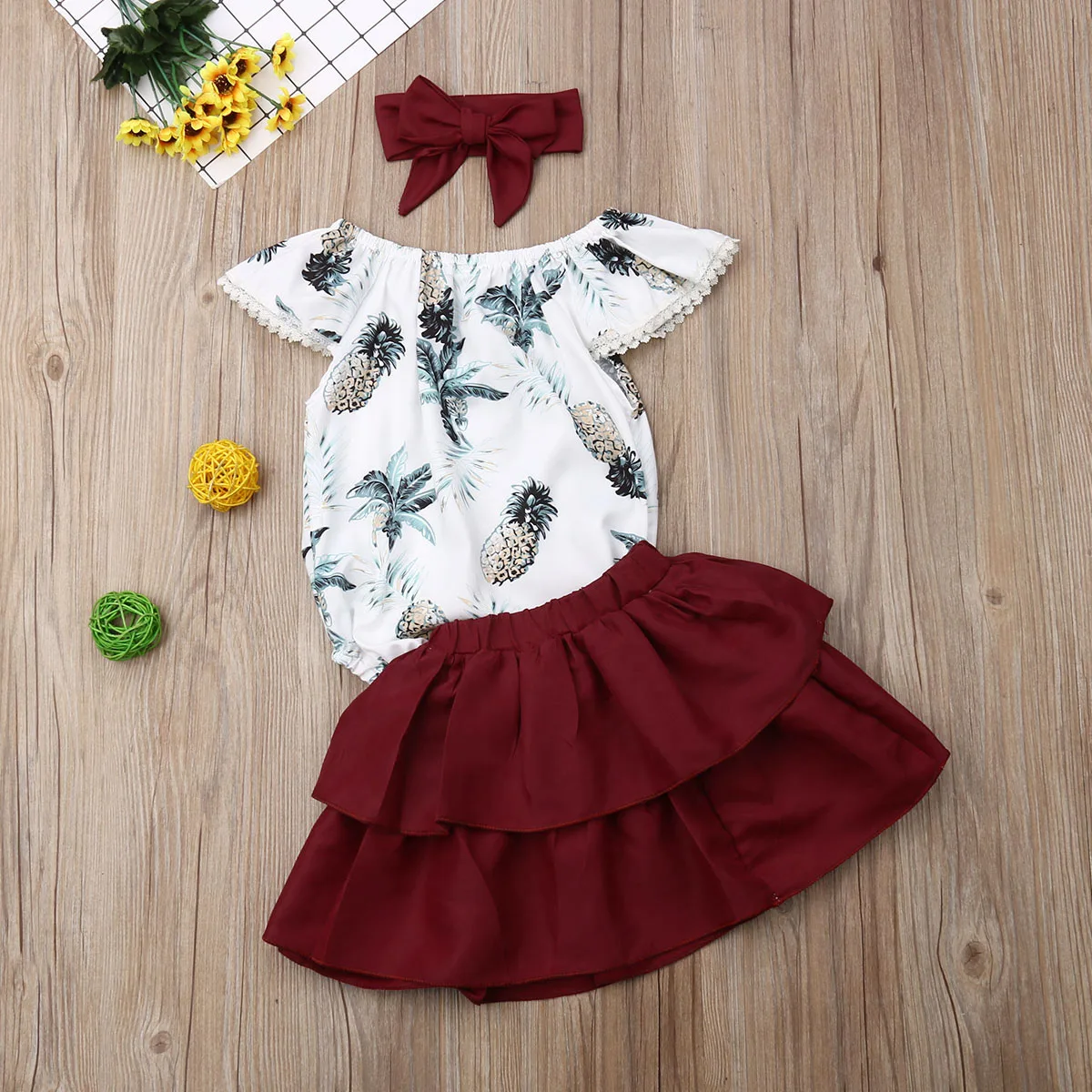 Lovely Infant Baby Girls Clothes Sets Ruffle Sleeves Floral Romper Tops+Solid Skirts+Headband Outfit | Детская одежда и обувь