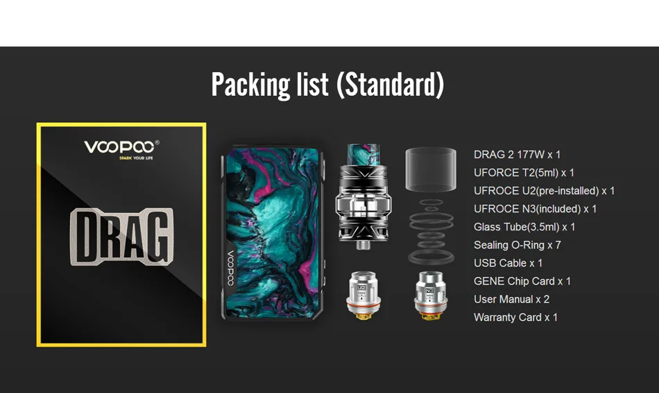 VOOPOO DRAG 2 Коробка мод 5 мл Uforce T2 Танк Uforce U2 N3 катушка 177 Вт максимальный выход Электронная сигарета против Voopoo Drag Mini