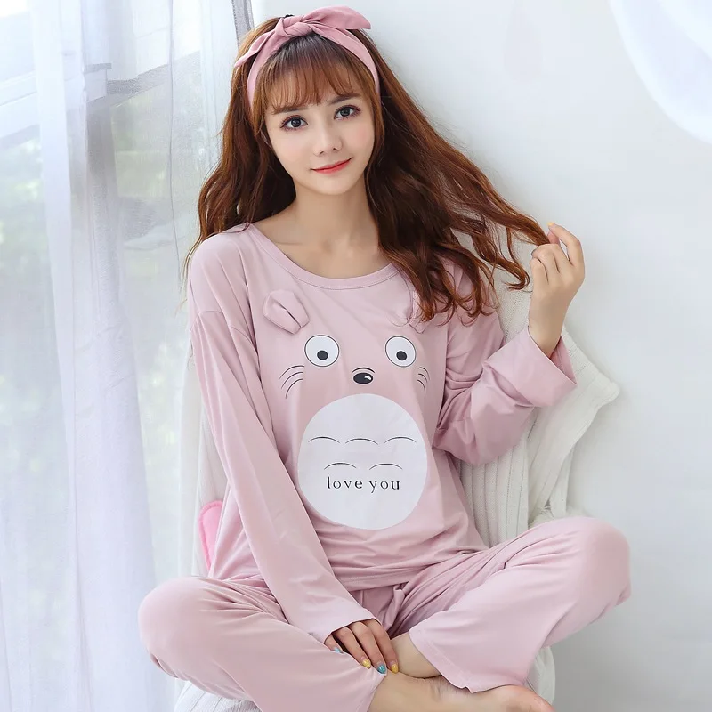 

2019 Spring Autumn Long Sleeve Thin Pajama Sets for Women Cute Girls Cartoon Totoro Sleepwear Homewear Pijama Mujer Home Clothes
